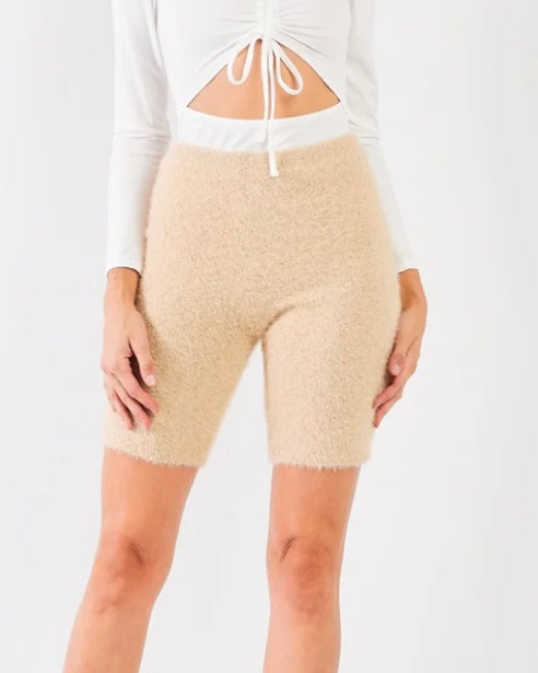 Oatmeal Beige Knit High Waist Stretchy Warm Fuzzy Biker Shorts