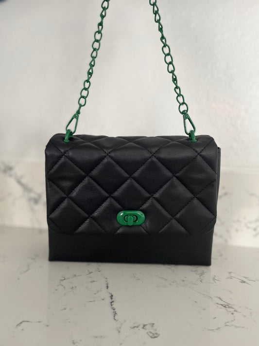 Black and Green Quilted Square Chain Purse