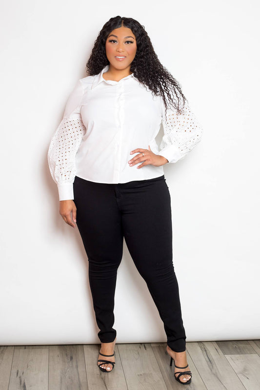 Plus Size White Blouse With Punched Sleeves