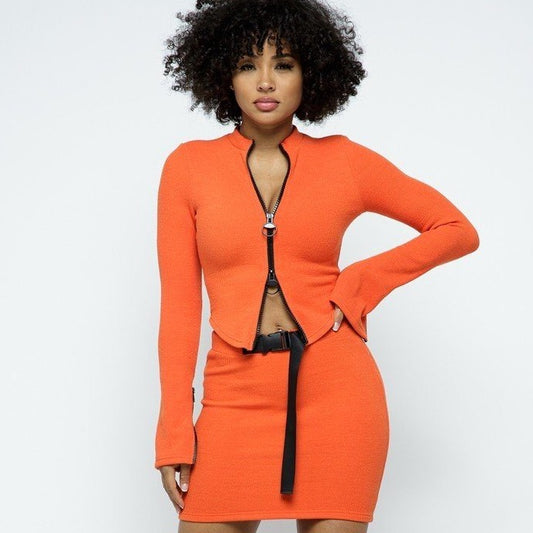 Orange Long Sleeve Cropped Top And Mini Skirt