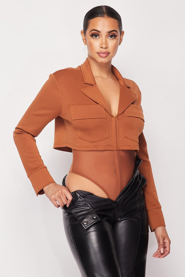 Deep-V Cropped Power Shoulder Blazer Bodysuit