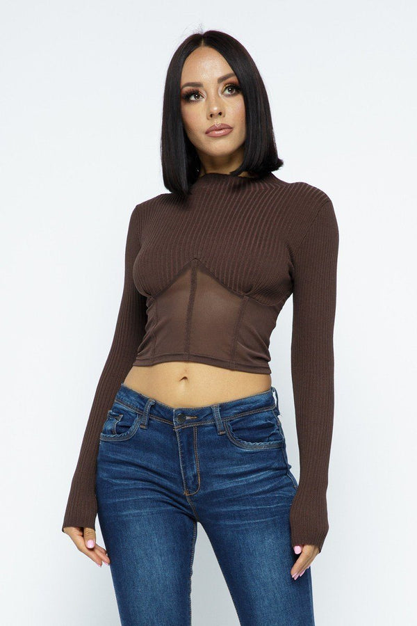 Brown Knit Mesh Crop Top