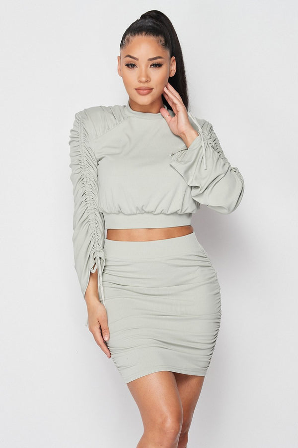 Ruched Long Sleeve Crop Top And Skirt Set