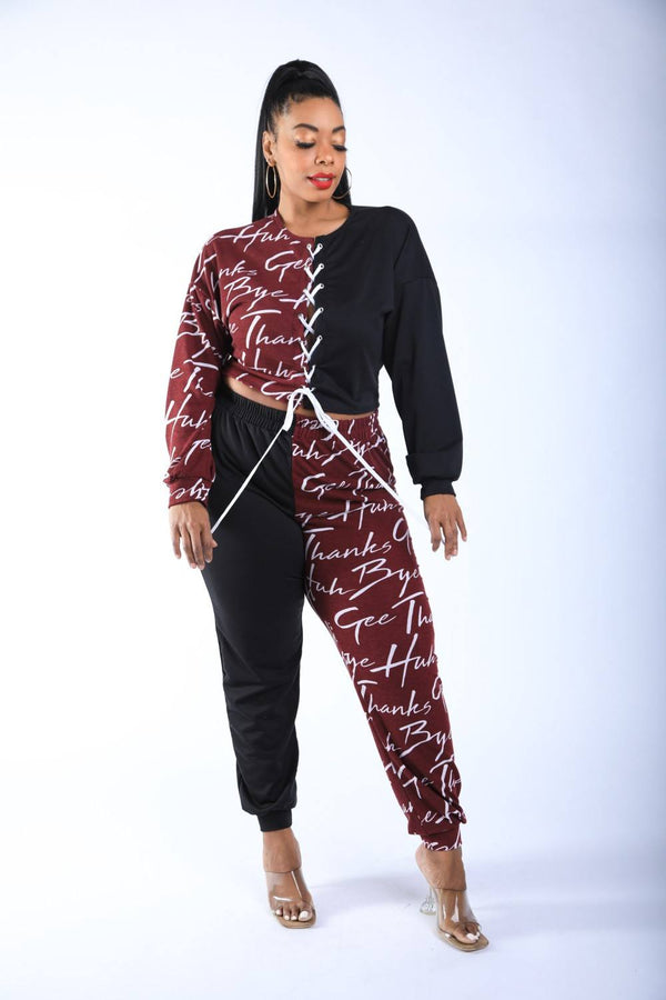 Plus Size Burgundy Lace Up Front Jogger Set