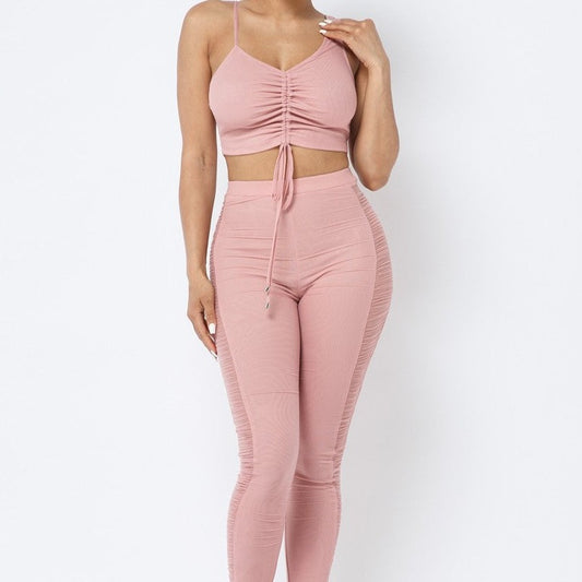 Ruched Crop Top With Matching See Through Side Panel Leggings