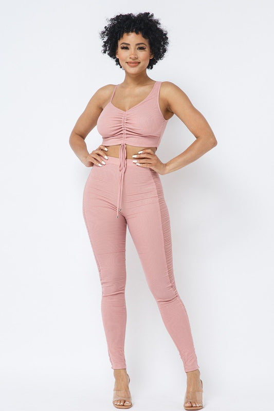 Ruched Crop Top With Matching See Through Side Panel Leggings