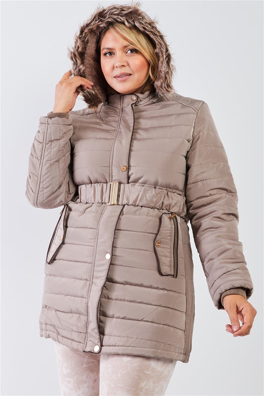 Plus Size Parallel Quilt Faux Fur Hood Belted Padded Long Puffer Jacket
