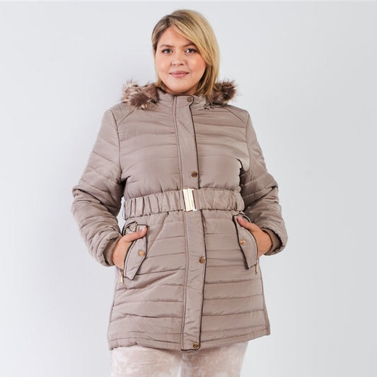 Plus Size Parallel Quilt Faux Fur Hood Belted Padded Long Puffer Jacket