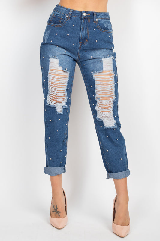 Rhinestones Ripped Denim Jeans