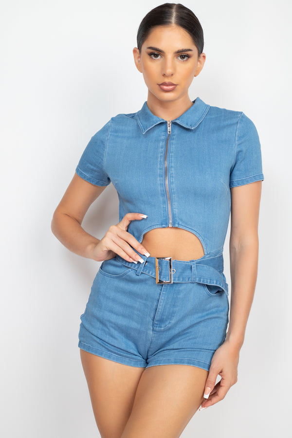 Belted Zip-Up Denim Romper