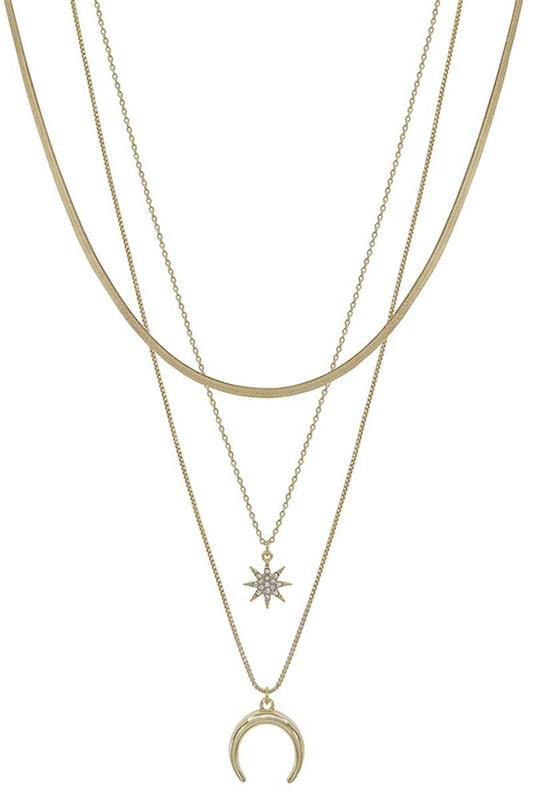 Metal 3 Layered Chain Star Moon Pendant Necklace