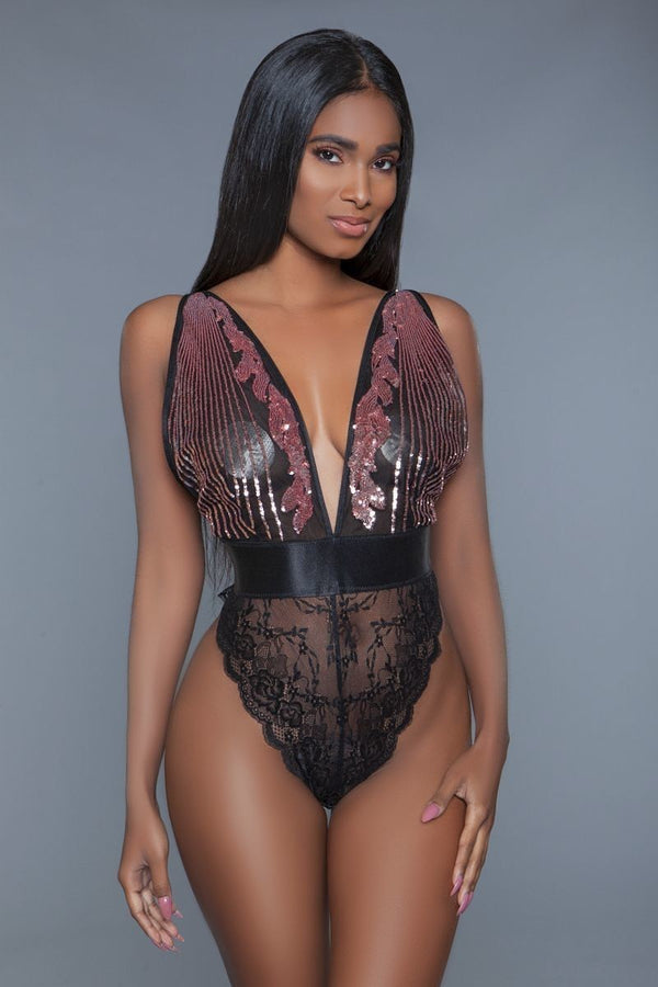 Black Raspberry Sequins Plunging Sheer Bodysuit