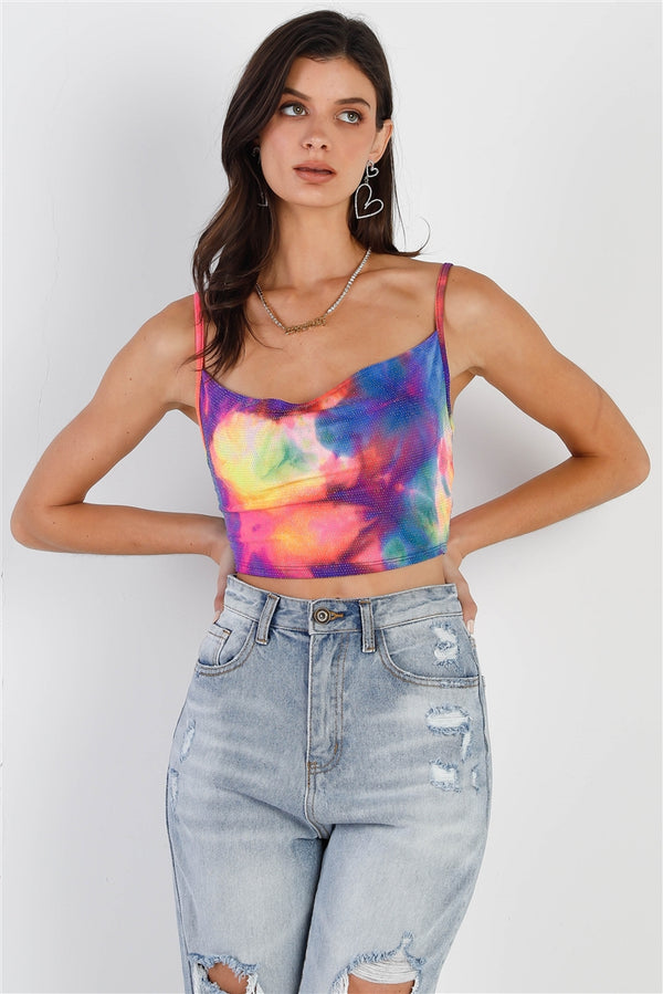 Rainbow Neon Tie-Dye Cowl Neck Crop Top