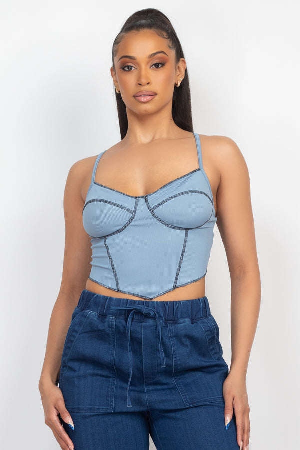 Top Stitching Bustier Sleeveless Ribbed Crop Top