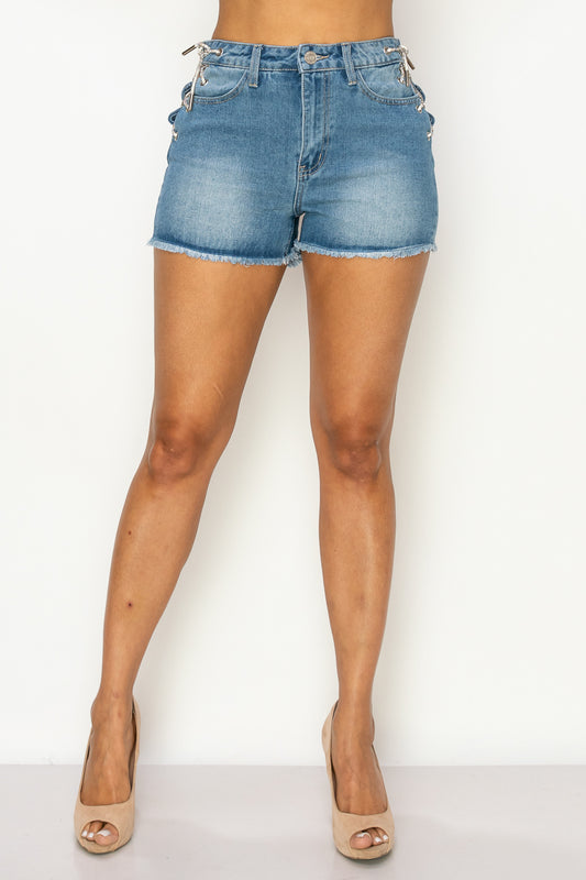 Medium Wash Side Lace Up Denim Shorts