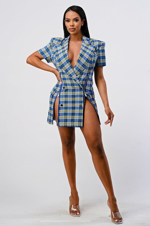 Plaid Blazer Slit Mini Dress