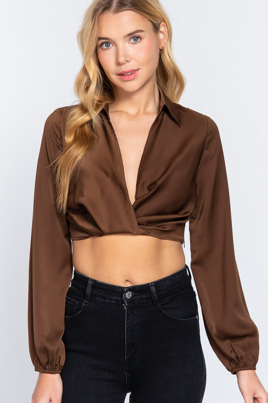 Long Sleeve Notched Collar Twisted Crop Top