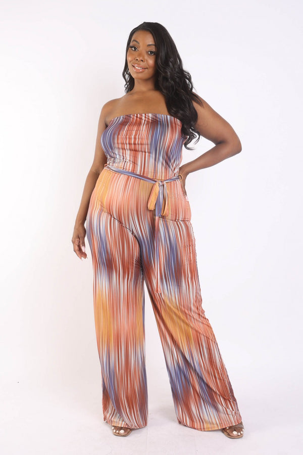 Plus Size Printed Tube Jumpsuit With Self Belt