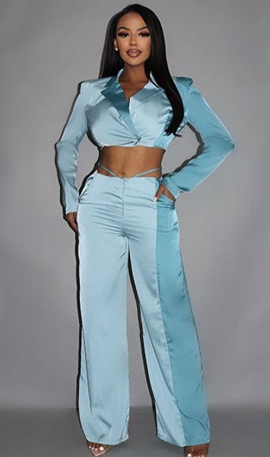 Colorblock Crop Blazer With Low Rise Wide Leg Pant Set