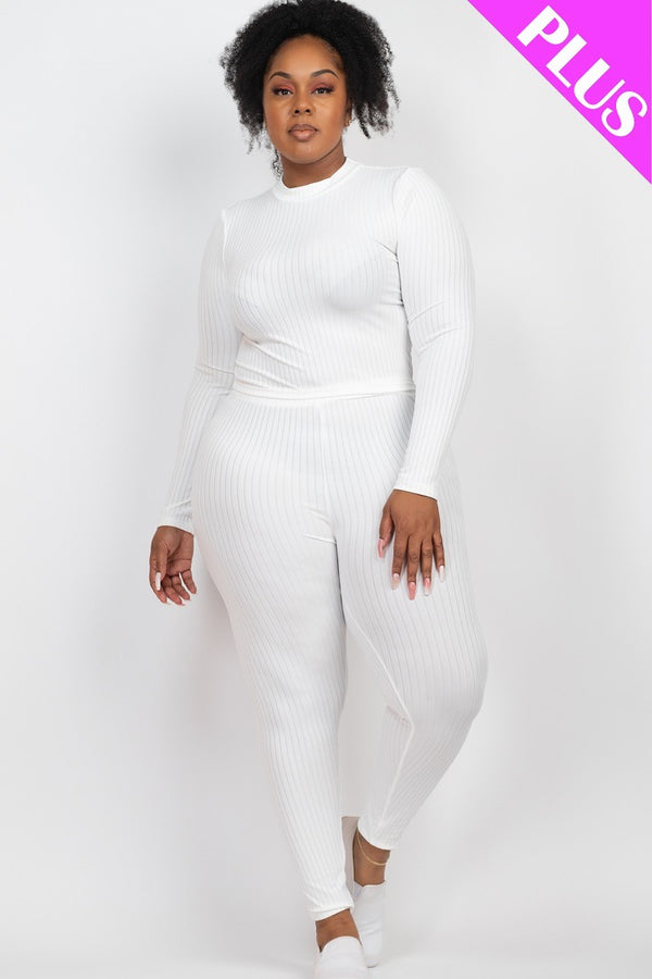 Plus Size Ribbed Mock Neck Long Sleeve Top & Leggings Set