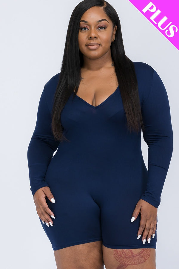 Plus Size V-Neck Long Sleeve Bodycon Romper