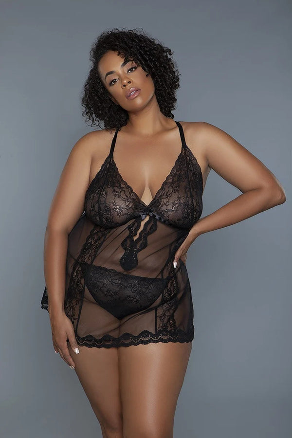 Plus Size Two Piece Unlined Baby Doll Sheer Mesh Lingerie