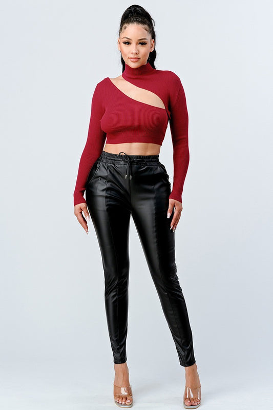 Red Luxe Sweater Rib Cutout Mock Neck Crop Top