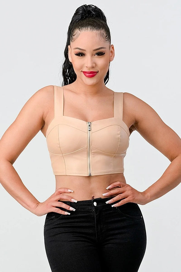 Luxe Faux Leather Zip Up Cropped Top