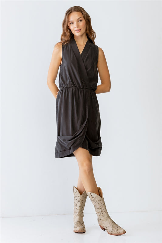 Black Washed Wrap Sleeveless V-Neck Mini Dress
