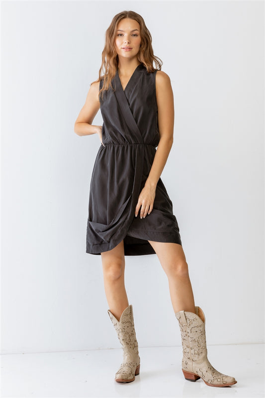 Black Washed Wrap Sleeveless V-Neck Mini Dress