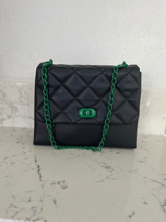 Black and Green Quilted Square Chain Purse