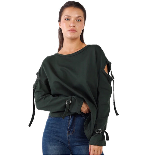 Green Long Sleeve Cut-Out Sweater
