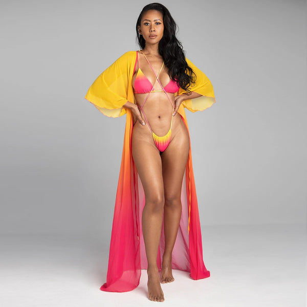 Yellow Ombre Two Piece Bikini With Cover Up